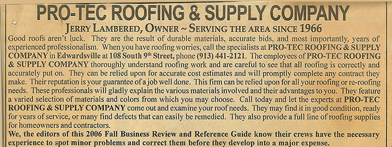 Pro-Tec Roofing News Article